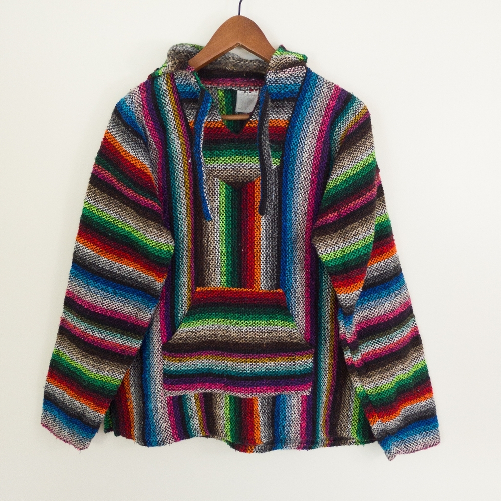 Mexican Baja Pullover Hoodie Striped Size Medium